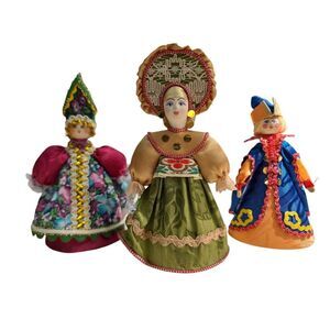 Folk Art Russian Cone Doll Royal Court Collectible Figures Wood Porcelain VTG